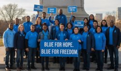 group of diverse people wearing blue